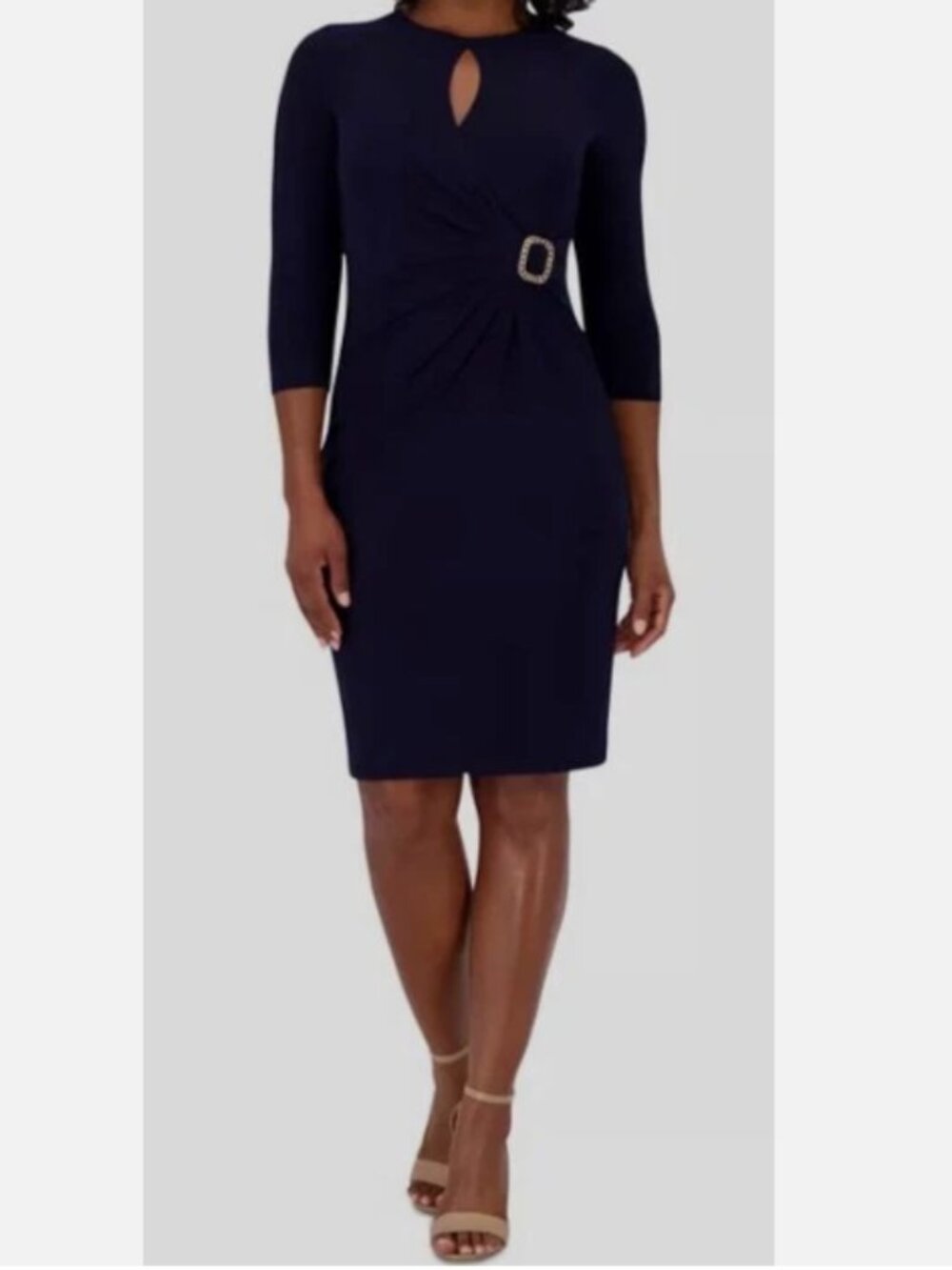 Jessica Howard - Navy Blue Keyhole-Cutout Gathered-Waist Dress Petite Size 4P